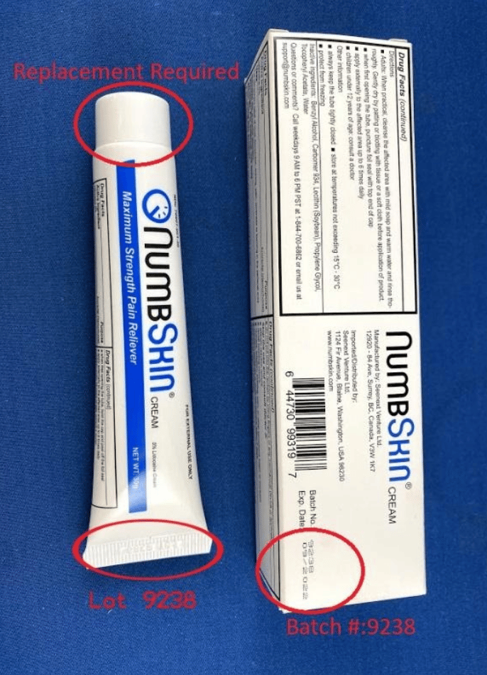 Recalled NumbSkin pain relief cream